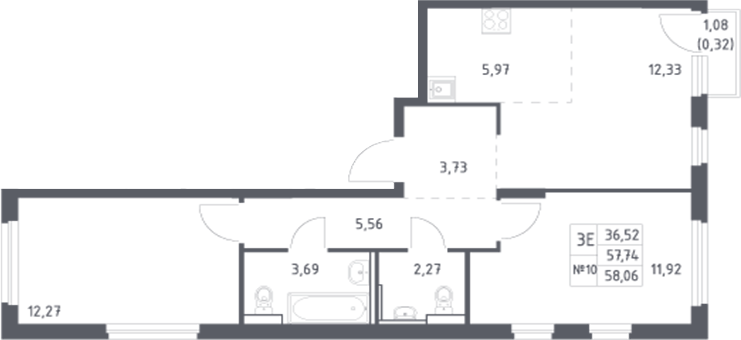 Планировка — Донские Легенды, 3-комн., 58 м²