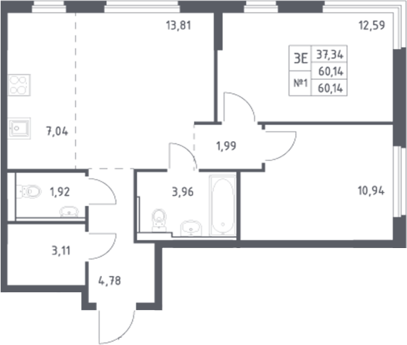 Планировка — Донские Легенды, 3-комн., 60 м²