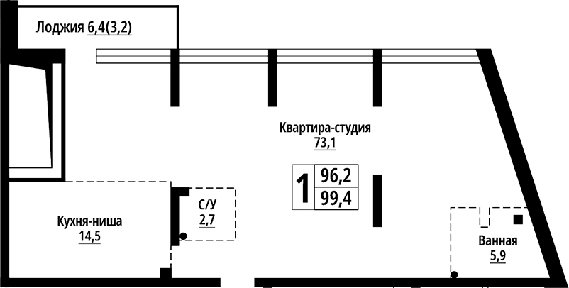 Планировка — Родные берега. Барнаул, 1-комн., 99 м²