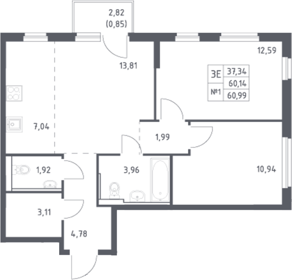 Планировка — Донские Легенды, 3-комн., 60 м²