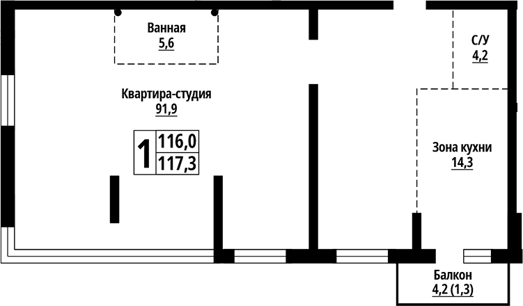 Планировка — Родные берега. Барнаул, 1-комн., 117 м²