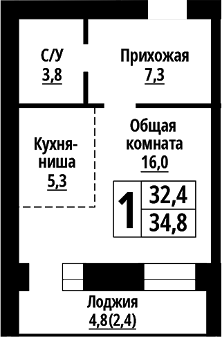 Планировка — Тургенев. Барнаул, Студия, 32 м²