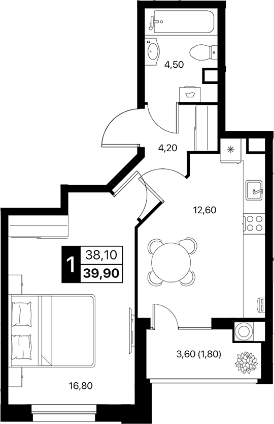 Планировка — Эстет, 1-комн., 38 м²