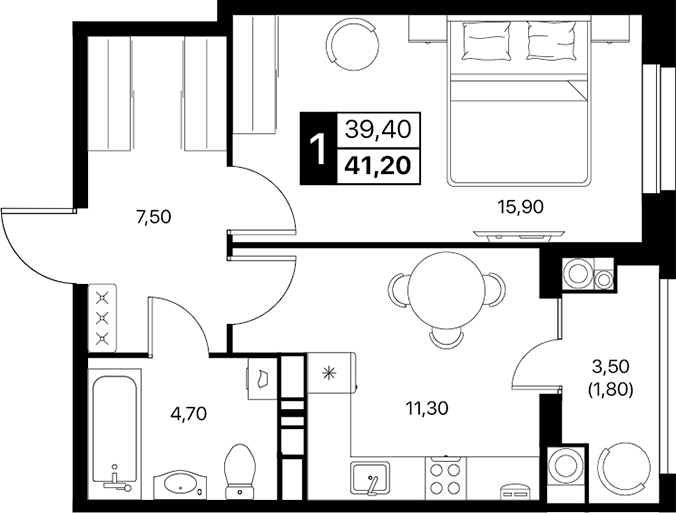 Планировка — Эстет, 1-комн., 39 м²