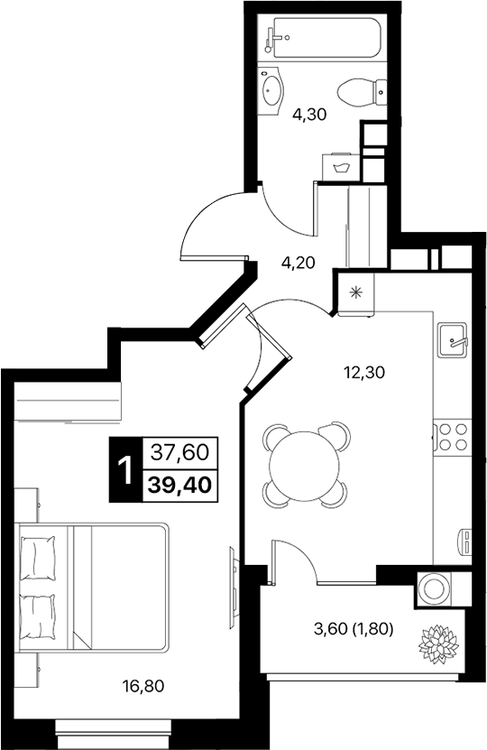 Планировка — Эстет, 1-комн., 38 м²