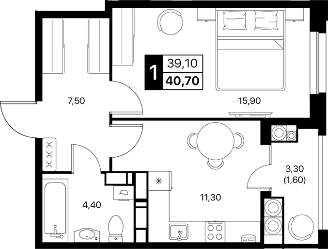 Планировка — Эстет, 1-комн., 39 м²