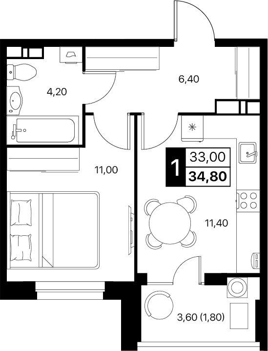 Планировка — Эстет, 1-комн., 33 м²
