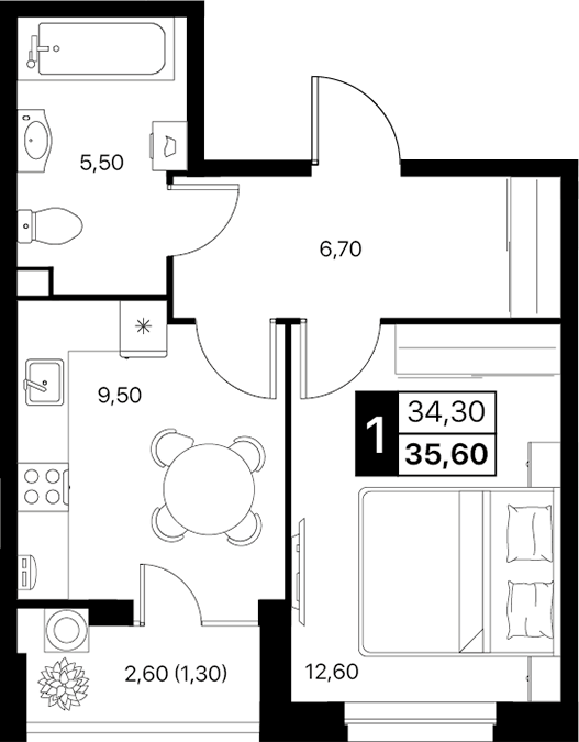 Планировка — Эстет, 1-комн., 34 м²