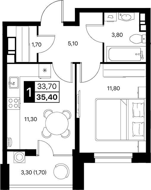Планировка — Эстет, 1-комн., 34 м²