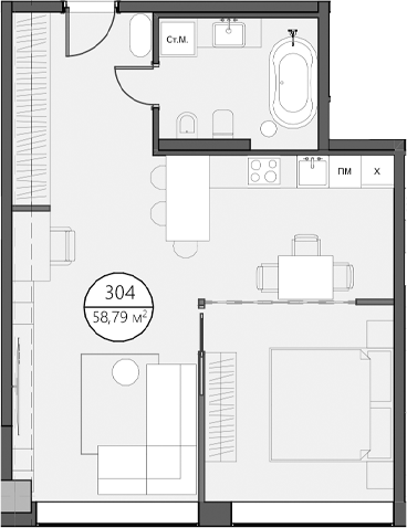 Планировка — DOM XIII, 2-комн., 59 м²