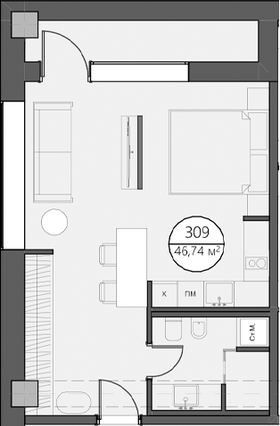 Планировка — DOM XIII, Студия, 42 м²