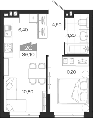 Планировка — Ясный Берег, 2-комн., 36 м²