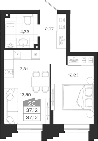 Планировка — Ясный Берег, 2-комн., 37 м²