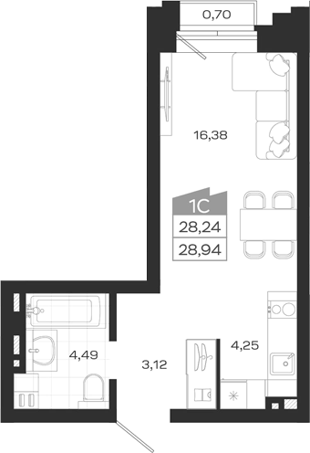Планировка — Ясный Берег, Студия, 28 м²