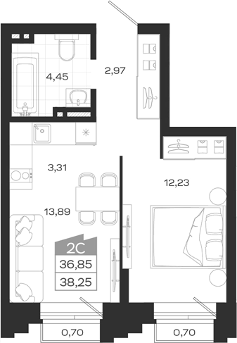 Планировка — Ясный Берег, 2-комн., 37 м²