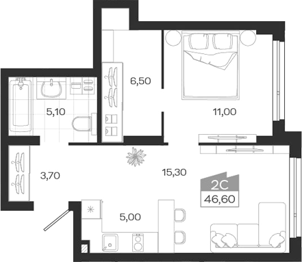 Планировка — Ясный Берег, 2-комн., 47 м²