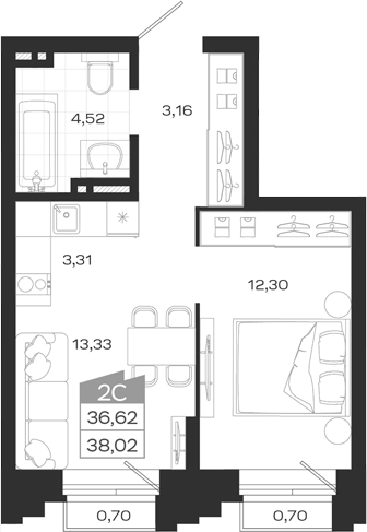 Планировка — Ясный Берег, 2-комн., 37 м²