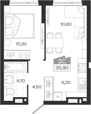 Планировка — Ясный Берег, 2-комн., 36 м²