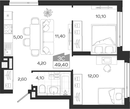 Планировка — Ясный Берег, 3-комн., 49 м²