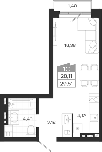 Планировка — Ясный Берег, Студия, 28 м²