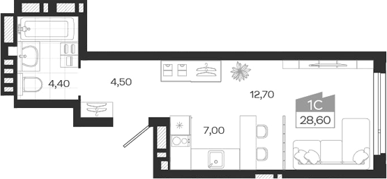 Планировка — Ясный Берег, Студия, 29 м²
