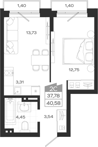 Планировка — Ясный Берег, 2-комн., 38 м²