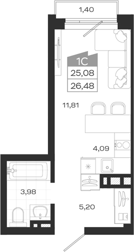 Планировка — Ясный Берег, Студия, 25 м²