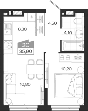 Планировка — Ясный Берег, 2-комн., 36 м²
