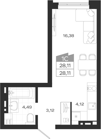 Планировка — Ясный Берег, Студия, 28 м²
