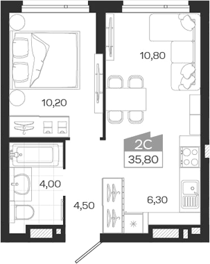 Планировка — Ясный Берег, 2-комн., 36 м²
