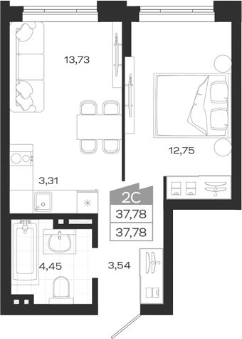 Планировка — Ясный Берег, 2-комн., 38 м²