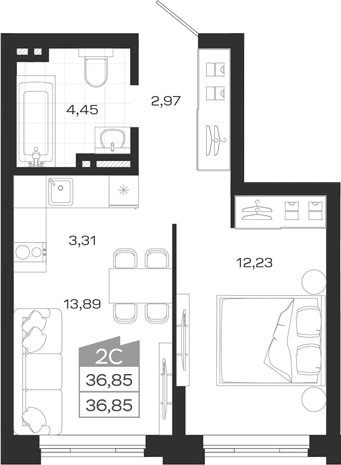 Планировка — Ясный Берег, 2-комн., 37 м²