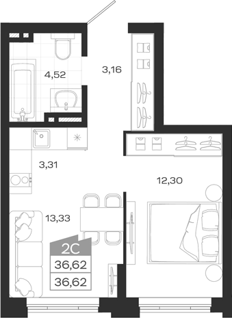 Планировка — Ясный Берег, 2-комн., 37 м²