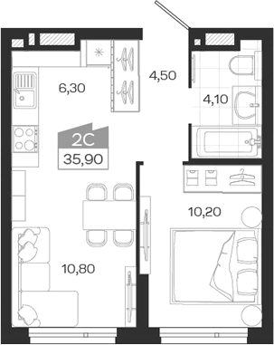 Планировка — Ясный Берег, 2-комн., 36 м²