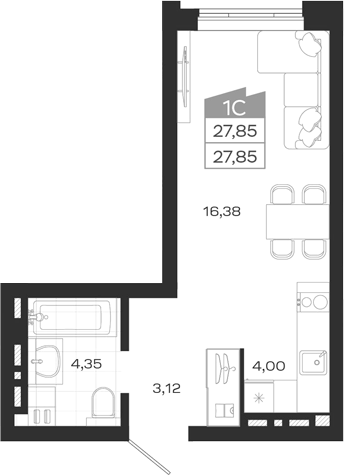 Планировка — Ясный Берег, Студия, 28 м²