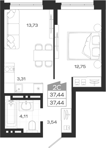Планировка — Ясный Берег, 2-комн., 37 м²