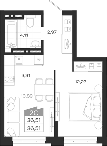 Планировка — Ясный Берег, 2-комн., 37 м²