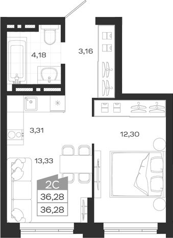 Планировка — Ясный Берег, 2-комн., 36 м²