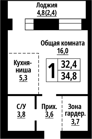 Планировка — Тургенев. Барнаул, Студия, 32 м²