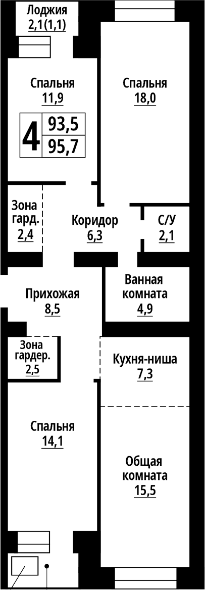 Планировка — Тургенев. Барнаул, 4-комн., 94 м²