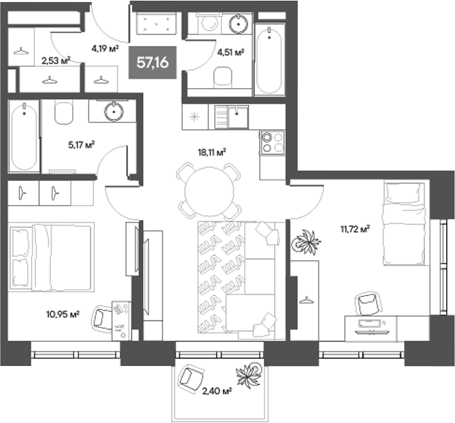 Планировка — ЩА, 2-комн., 54 м²