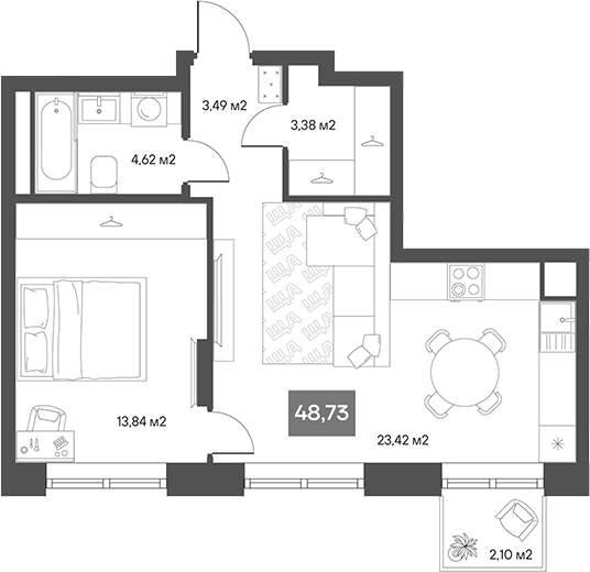 Планировка — ЩА, 1-комн., 46 м²
