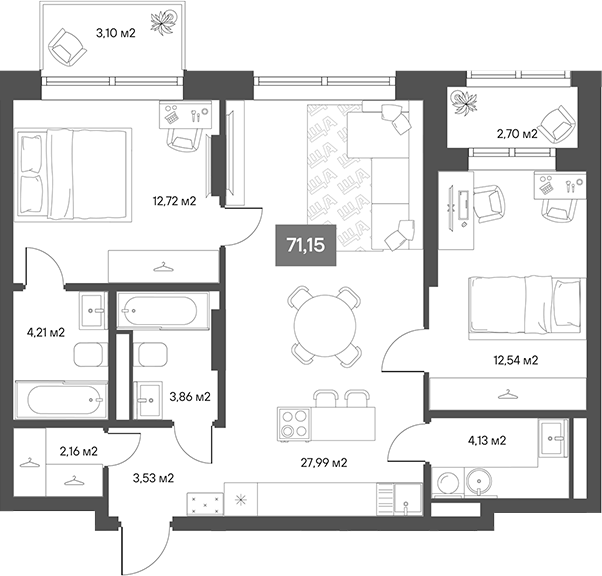 Планировка — ЩА, 2-комн., 68 м²