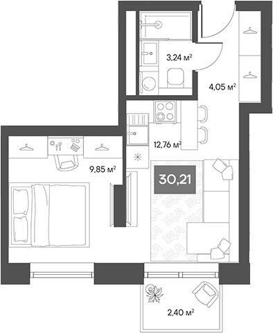 Планировка — ЩА, 1-комн., 28 м²