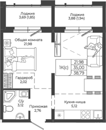 Планировка — Легенда-155. Барнаул, Студия, 35 м²