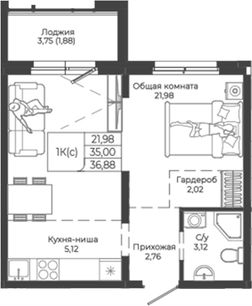 Планировка — Легенда-155. Барнаул, Студия, 35 м²