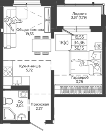 Планировка — Легенда-155. Барнаул, Студия, 34 м²