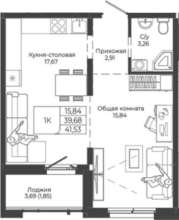 Планировка — Легенда-155. Барнаул, 1-комн., 40 м²