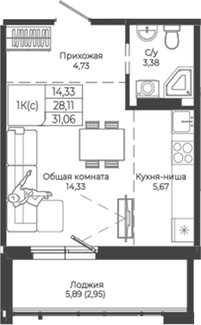 Планировка — Легенда-155. Барнаул, Студия, 28 м²