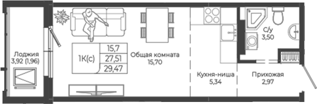 Планировка — Легенда-155. Барнаул, Студия, 28 м²